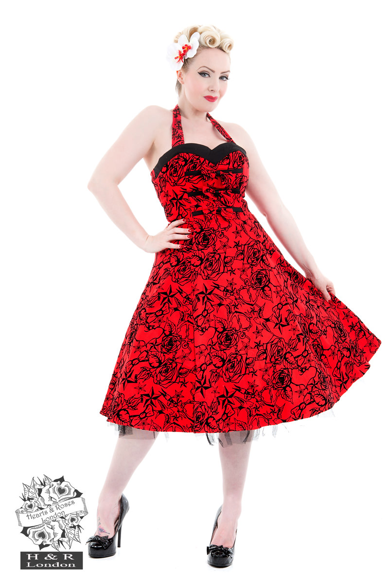Red Taffeta Flocked Halter Dress